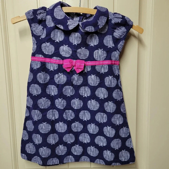 🌴3/$15🌴 Gymboree Girls Size 4T Dress Navy Blue Apples Pink Ribbon Waist - Picture 1 of 12